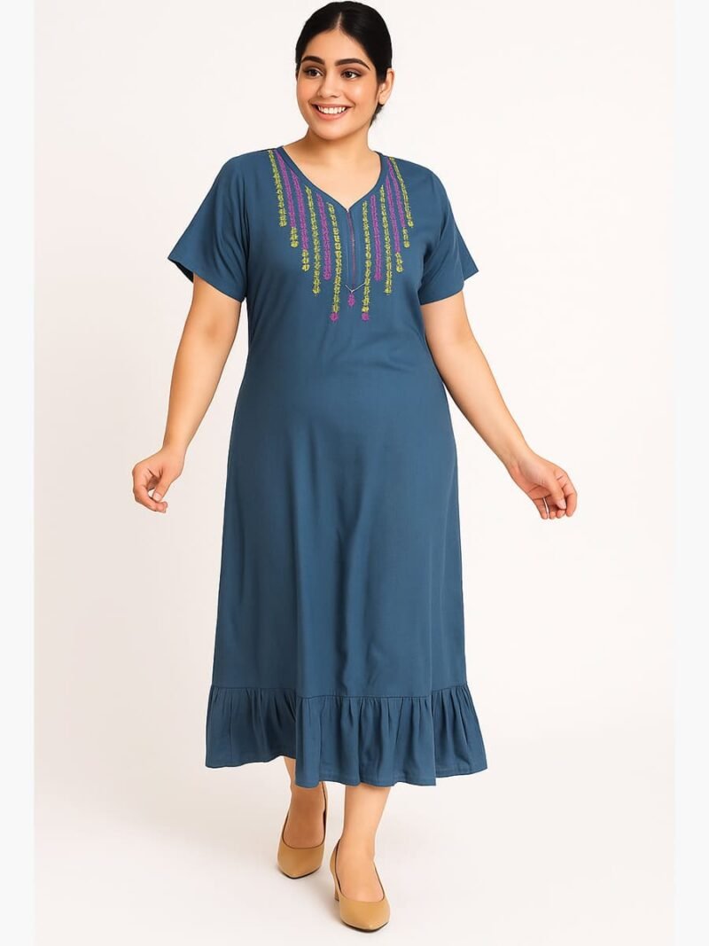 Women’s Cotton Embroidered Nighty – Gray