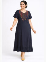 W-NY-116-05-NB-XL-F Women’s Cotton Embroidered Frock Nighty – Navy Blue