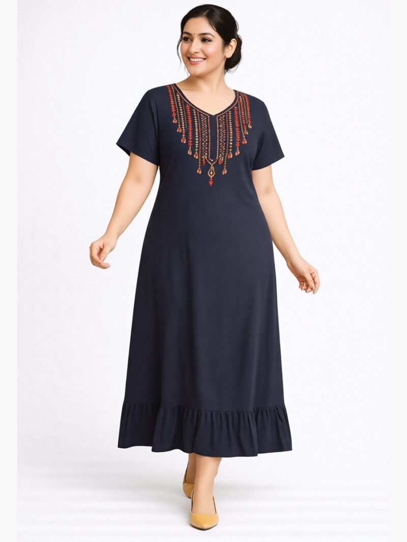 W-NY-116-05-NB-XL-F Women’s Cotton Embroidered Frock Nighty – Navy Blue