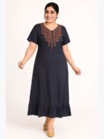Women’s Cotton Embroidered Nighty – Navy Blue