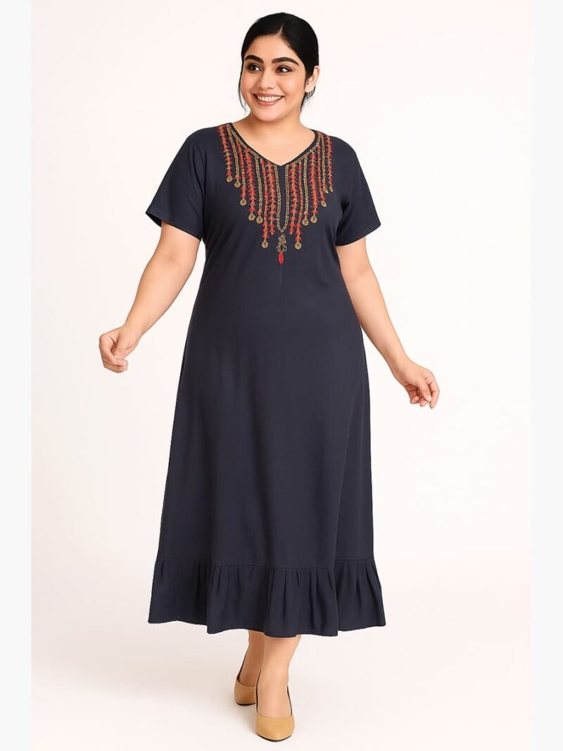 Women’s Cotton Embroidered Nighty – Navy Blue