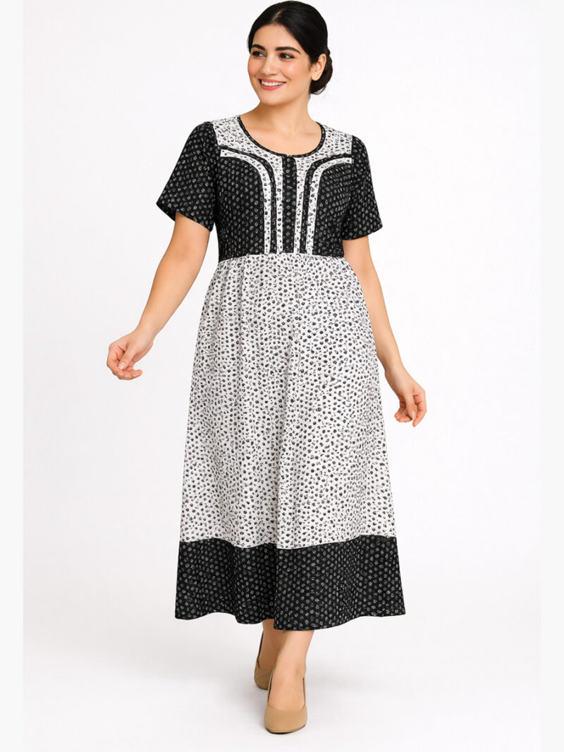 W-NY-117-01-WH-XL-F Women’s Cotton Frock Nighty – Black & White