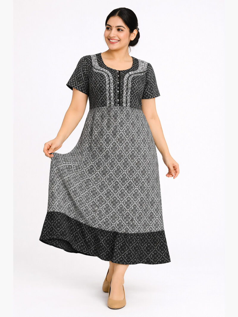W-NY-117-03-WH-XL-F Women’s Cotton Frock Nighty – Black & White