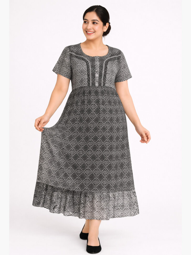 W-NY-117-04-BK-XL-F Women’s Cotton Frock Nighty – Black & White