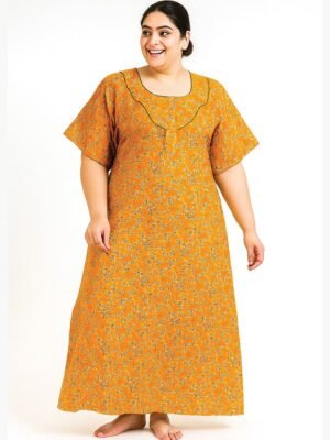 Women’s Cotton Printed Nighty – Mustard Yellow