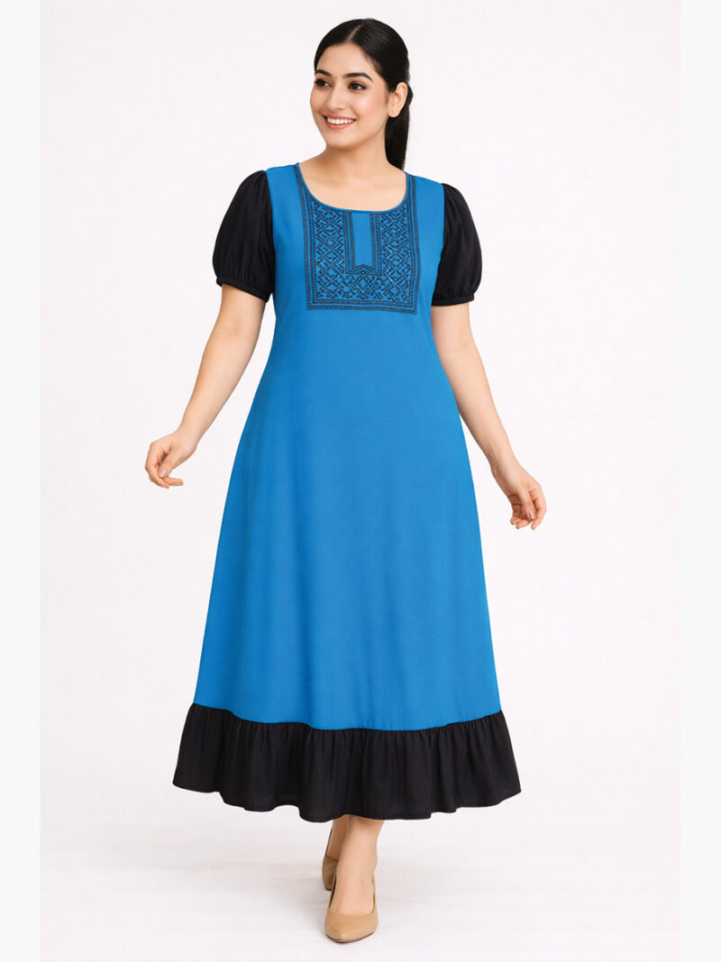 Women’s Cotton Embroidered Frock Nighty - Sky Blue