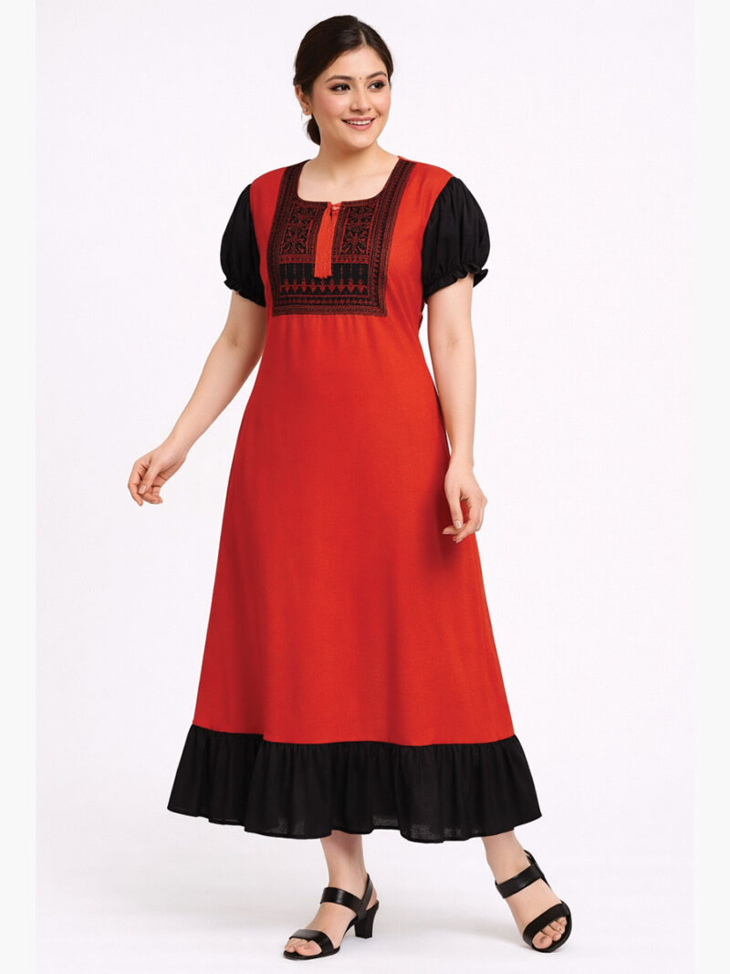 Women’s Cotton Embroidered Frock Nighty -Red