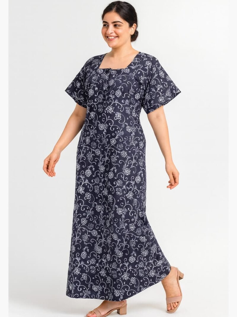 Women’s Cotton Printed Nighty – Navy Blue