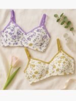 Women's Cotton Bra, Floral, 2 Pc Pack - Olive Green & Purple