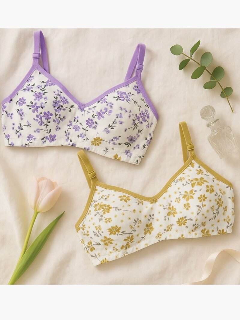 Women's Cotton Bra, Floral, 2 Pc Pack - Olive Green & Purple