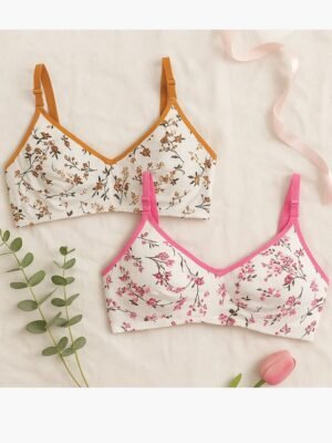 Women's Cotton Bra, Floral, 2 Pc Pack - Mustard Yellow & Terracotta