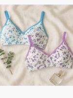 Women's Cotton Bra, Floral, 2 Pc Pack - Purple & Blue