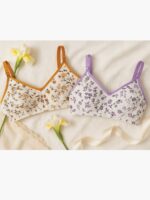 WB-FLOWER-05-PP-TG-M-04 Women's Cotton Bra, Floral, 2 Pc Pack - Purple & Tangerine
