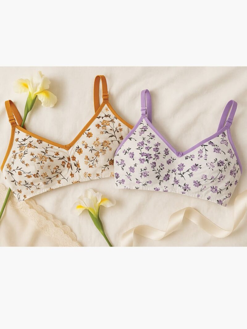 WB-FLOWER-05-PP-TG-M-04 Women's Cotton Bra, Floral, 2 Pc Pack - Purple & Tangerine
