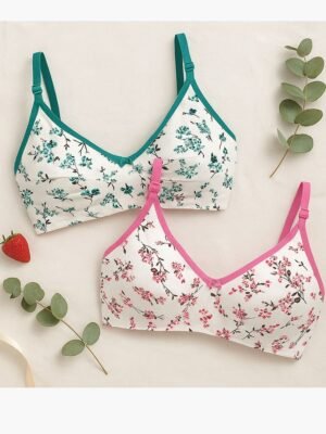 Women's Cotton Bra, Floral, 2 Pc Pack - Terracotta & Forest Green