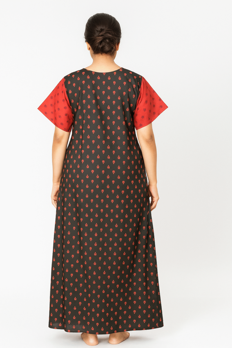 Women’s Cotton Printed Nighty – Black & Red