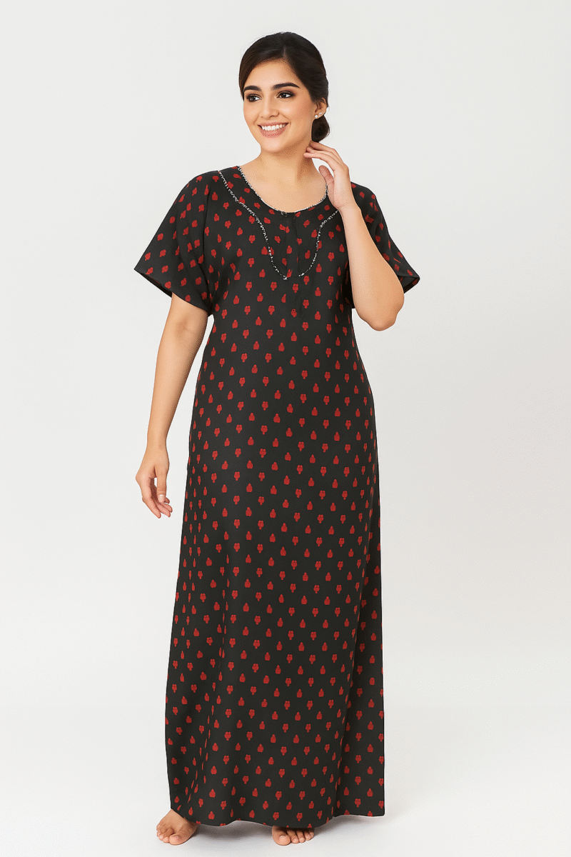 Women’s Cotton Printed Nighty – Black