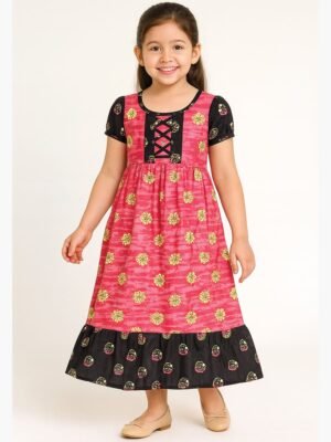 Girls Cotton Frock Nighty – Raspberry & Black