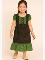 Girls Cotton Frock Nighty – Olive Green & Black