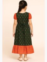 KG-NY-06-02-0G-6-7Y-B Girls Cotton Frock Nighty –Olive Green & Orange