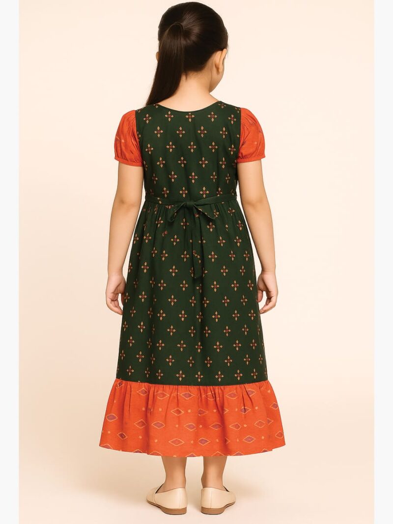 Girls Cotton Frock Nighty –Olive Green & Orange