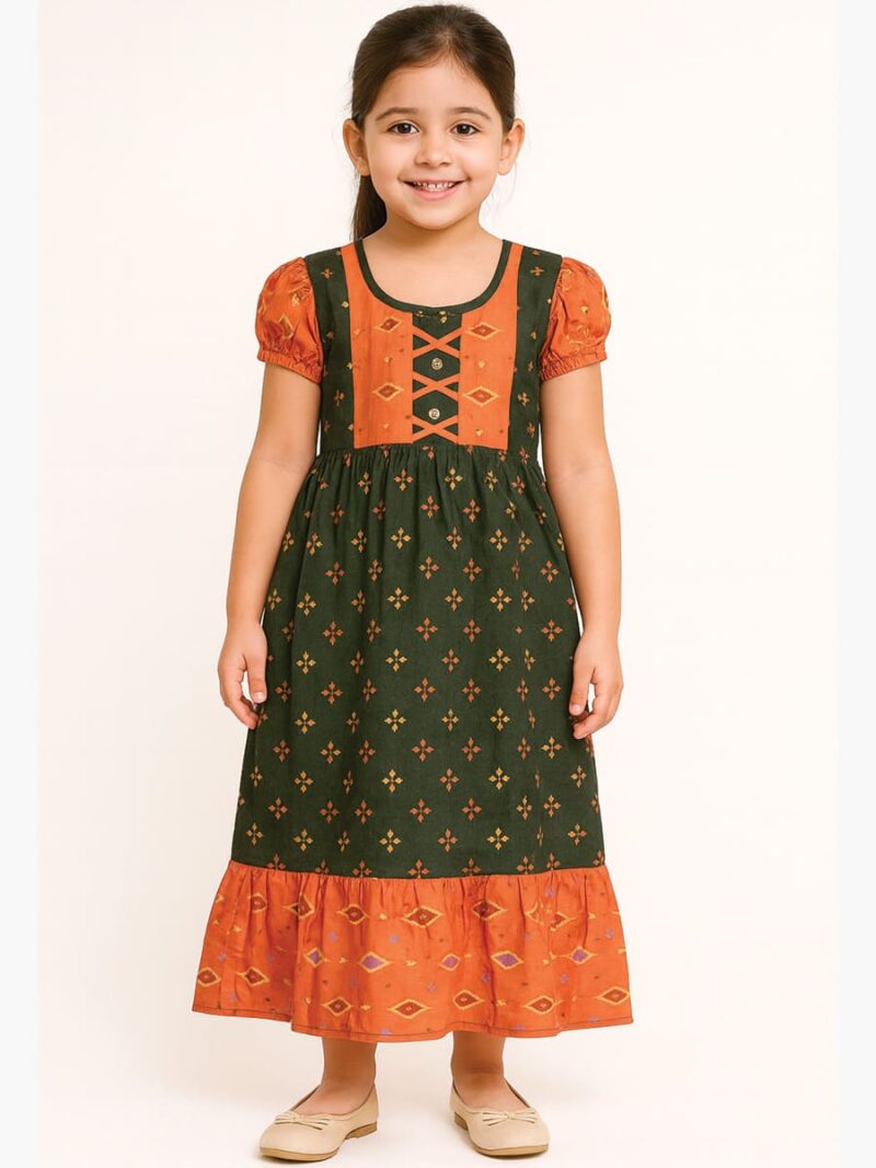 KG-NY-06-02-0G-6-7Y-F Girls Cotton Frock Nighty –Olive Green & Orange