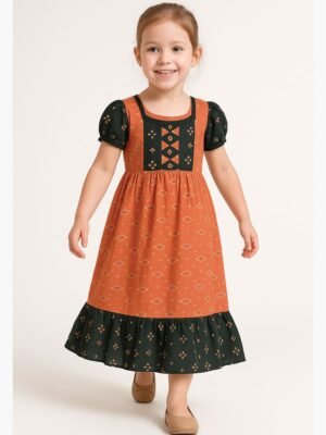 Girls Cotton Frock Nighty – Terracotta & Green