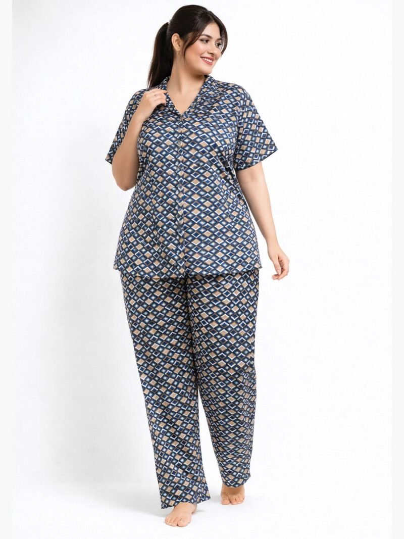 Women's Satin Striped Night Suit - Navy Blue