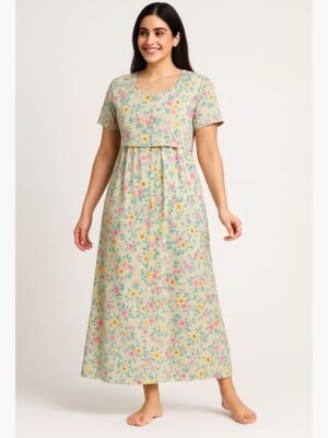 Women's Cotton Printed Feeding Nighty – Beige