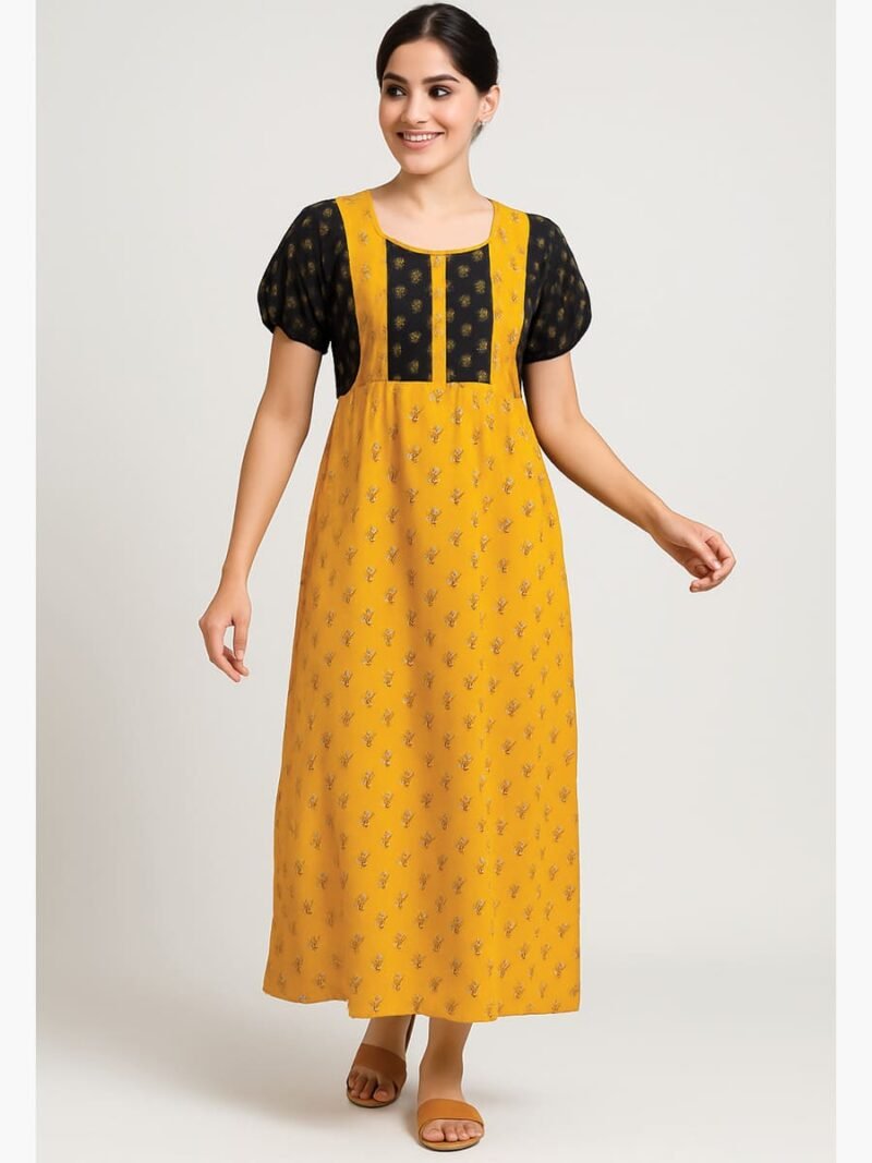 Women’s Cotton Printed Nighty – Yellow