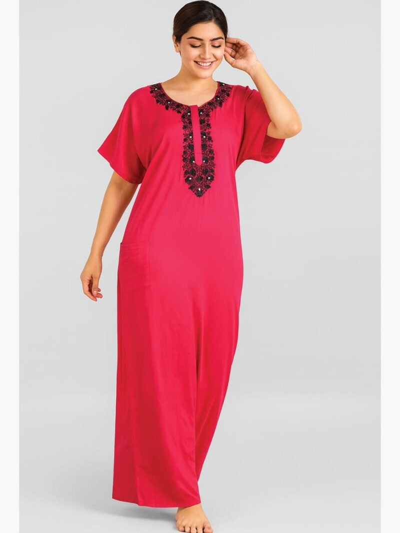 Women's Cotton Embroidered Nighty – Raspberry