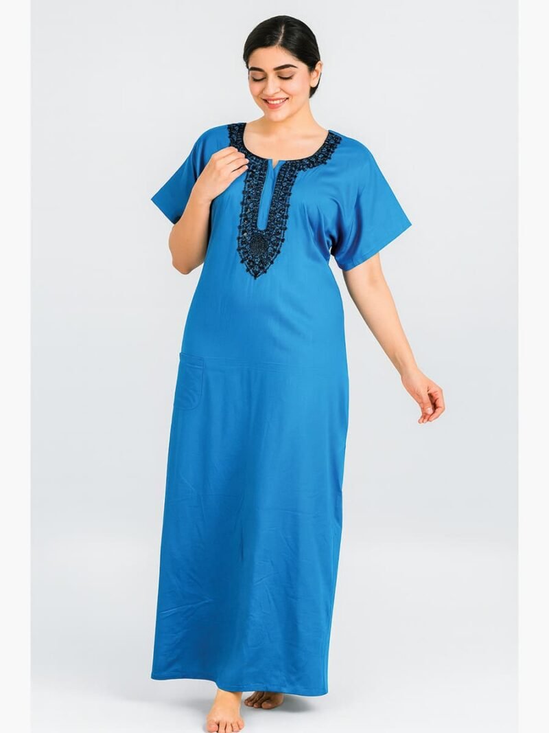 Women's Cotton Embroidered Nighty – Sky Blue