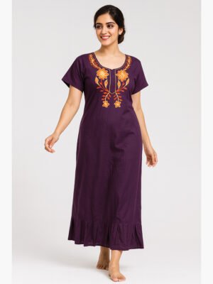 Women’s Cotton Embroidered Frock Nighty – Purple