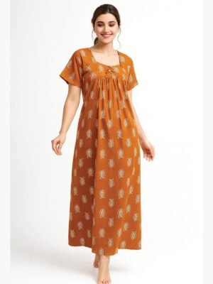 Women’s Cotton Printed Full Length Nighty – Tangerine