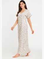 Women’s Cotton Printed Full Length Nighty – White & Red