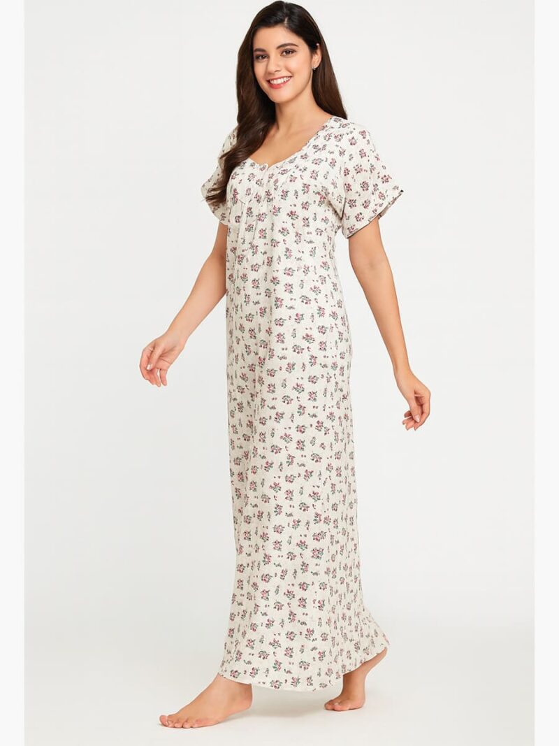 Women’s Cotton Printed Full Length Nighty – White & Red