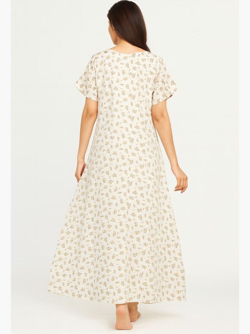 Women’s Cotton Printed Full Length Nighty – White & Yellow