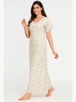 Women’s Cotton Printed Full Length Nighty – White & Yellow