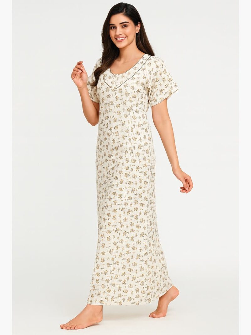 Women’s Cotton Printed Full Length Nighty – White & Yellow