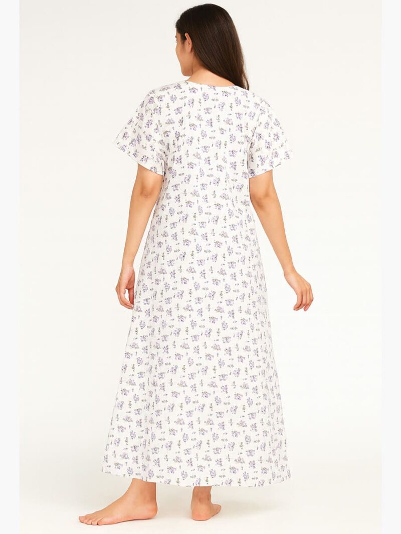Women’s Cotton Printed Full Length Nighty – White & purple