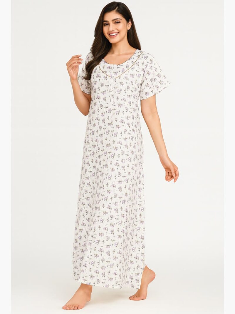 Women’s Cotton Printed Full Length Nighty – White & purple
