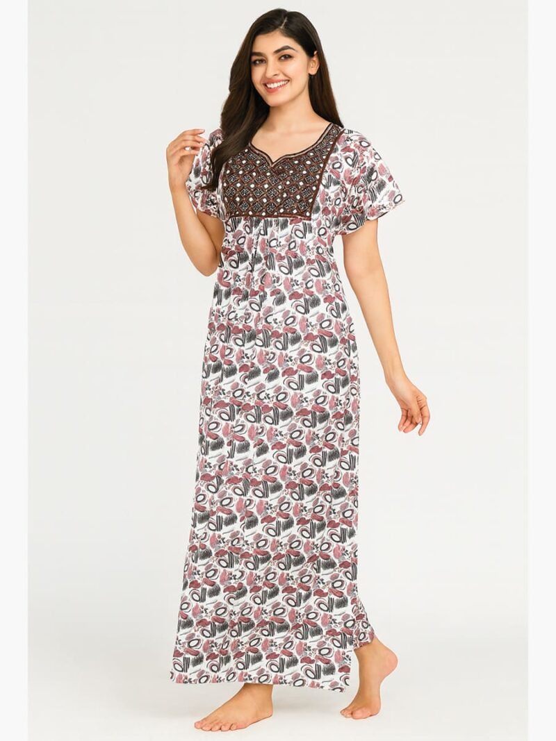 W-NY-153-01-MR-XL-F Women’s Satin Printed Full Length Nighty – Maroon