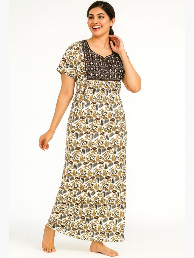 Women’s Satin Printed Full Length Nighty – Brown