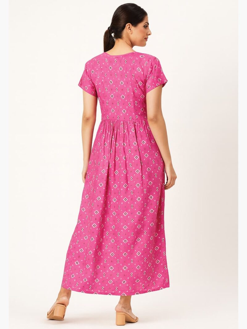 Women's Cotton Printed Smocked Nighty - Pink