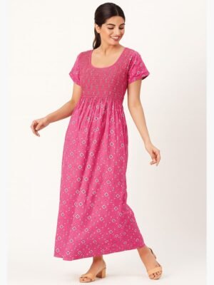 Women's Cotton Printed Smocked Nighty - Pink