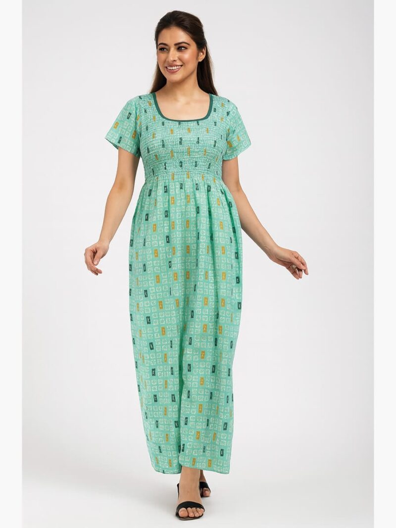 W-NY-158-02-SG-XL-F Women's Cotton Printed Smocked Nighty - Seafoam Green