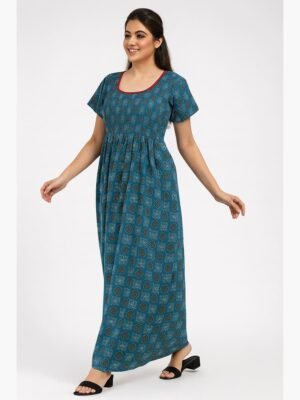 Women's Cotton Printed Smocked Nighty - Ash Gray