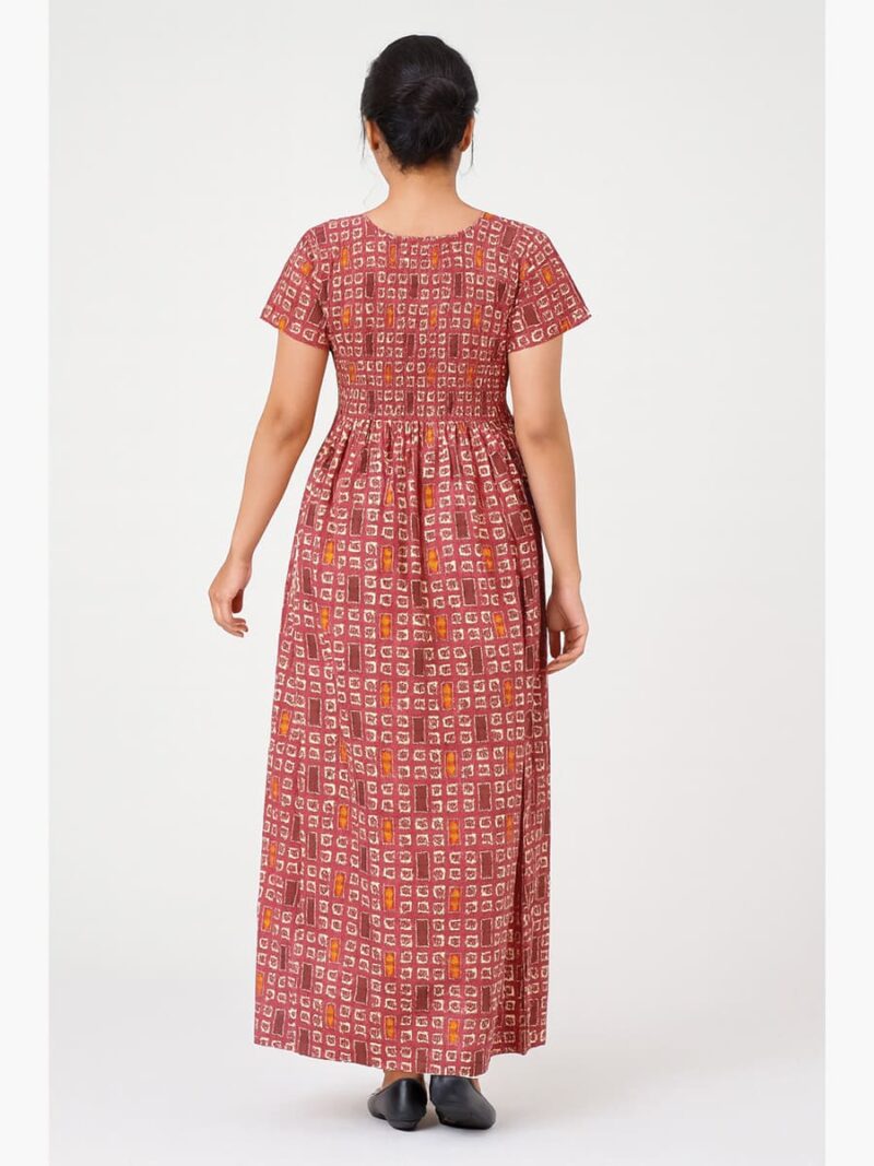 Women's Cotton Printed Smocked Nighty - Terracotta