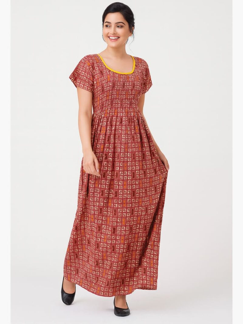 W-NY-159-02-TC-XXL-F Women's Cotton Printed Smocked Nighty - Terracotta