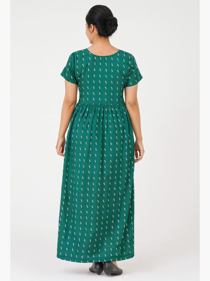Women's Cotton Printed Smocked Nighty - Green